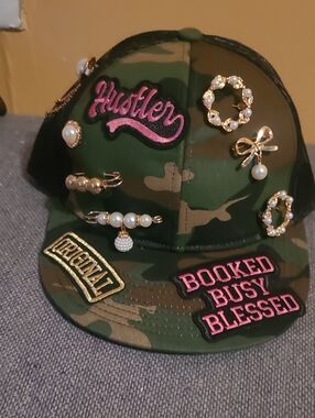 Camo Baseball Cap with Pink 'Hustler' Patch and Pearl Accents
